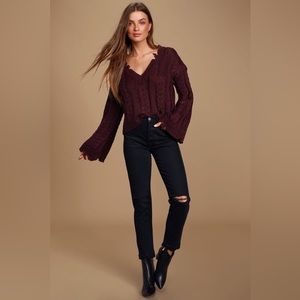 Amilia Burgundy Cable Knit Distressed Sweater
